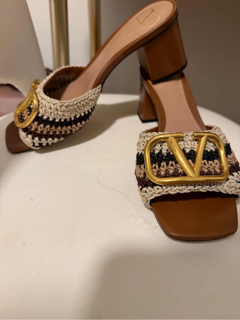 Valentino Brown Leather & Crochet Block Heel Mules with Gold V Logo